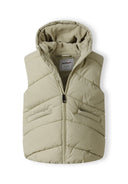 Boys padded gilet in neutral grey, front view with chevron quilting and zip closure.