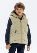 Boys padded gilet in light grey, front view with hood and zip closure.