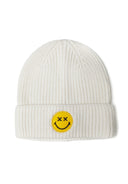 Boys cream ribbed beanie with smiley badge, front view.
