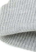 Detail of a knitted fisherman hat in light gray with ribbed texture.