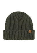 Close-up of a khaki rib knit hat with a tab detail.