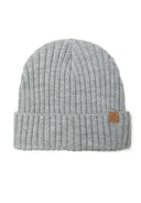 Detail of a rib knit hat in gray with a small tab feature.