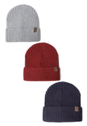 Three ribbed knit hats in gray, red, and navy with cuff detail.