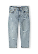 Boys straight jeans in light blue with ripped details, front view.