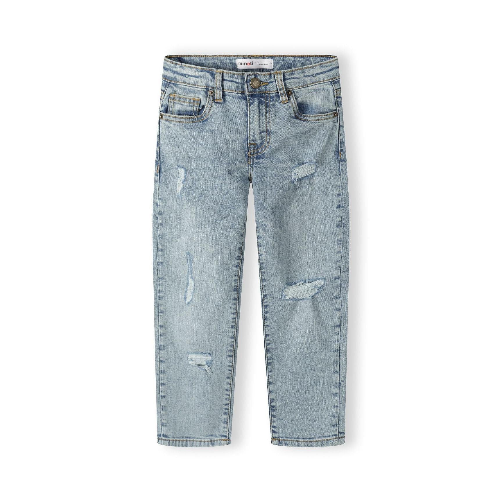 Light blue distressed jeans for children displayed flat against white background showing full length straight leg style with ripped details on legs