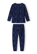Boys long sleeve pyjamas set in blue with drop shoulder design, featuring a top and legging-style bottoms.