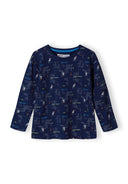 Boys long sleeve pyjama top in navy with drop shoulder design and colorful print.