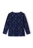 Boys long sleeve pyjama top in blue with drop shoulder design and playful print, back view.