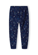 Boys legging-style pyjama bottoms in navy with space-themed print, back view.