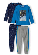 Boys long sleeve pyjamas set with blue tops and patterned bottoms, featuring a graphic print.