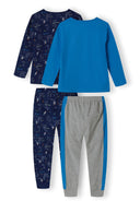 Boys long sleeve pyjamas set in blue with drop shoulder tops and legging-style bottoms.