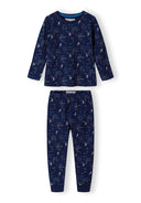 Boys long sleeve pyjamas set in navy with drop shoulder top and legging-style bottoms.