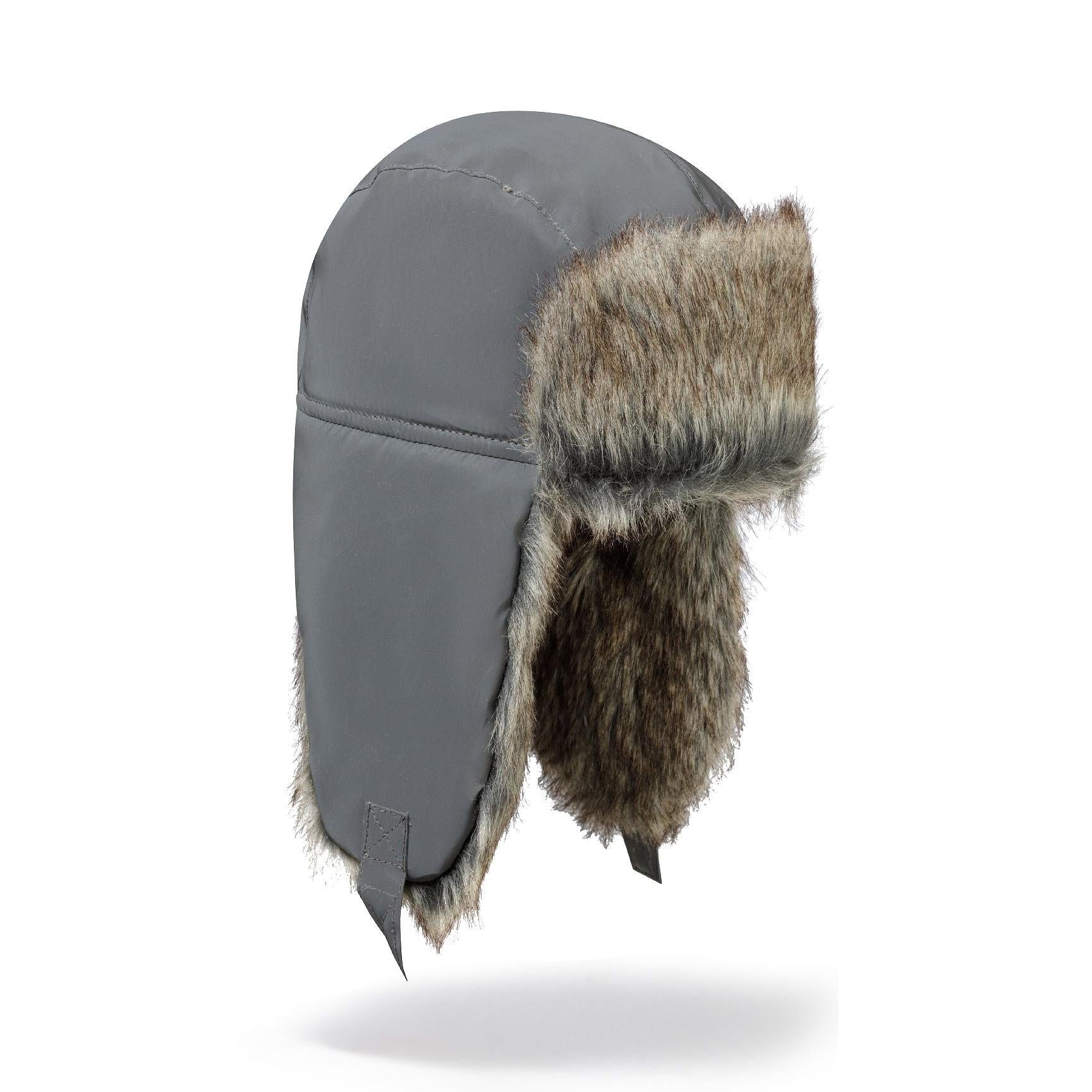Grey trapper hat with brown faux fur ear flaps and chin straps shown against white background