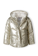 Girls metallic padded jacket, gold, front view with fur lining and front zip.