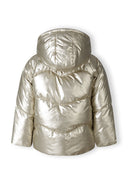 Girls metallic padded jacket, gold, back view with hood and quilted design.