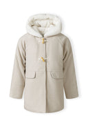 Girls padded jacket with fur trimmed hood, front view, featuring two pockets and toggle fastenings.