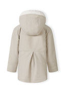 Back view of a girls' padded jacket with fur-trimmed hood in light grey, featuring a pleated design.