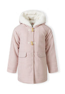 Girls padded jacket in pink, front view with fur-trimmed hood and toggle fastenings.