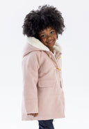 Girls padded pink jacket with fur-trimmed hood, front view, featuring two pockets.