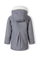 Girls padded jacket in navy, back view with faux fur hood trim and pleat detail.