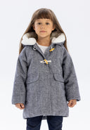 Girls padded jacket in navy with faux fur hood, front view, featuring toggle fastenings and pockets.