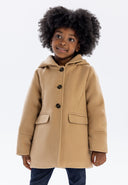 Girls padded coat in beige, front view with button fastening and two patch pockets.