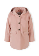 Girls padded coat in pink, front view with collar, button fastenings, and patch pockets.