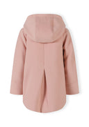 Back view of a girls' pink padded coat with a hood and collar.
