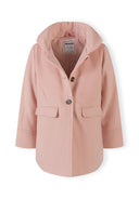 Girls padded coat in pink, front view with collar and button fastenings.