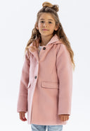 Girls pink padded coat with collar, front view, featuring button fastenings and patch pockets.
