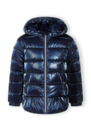 Girls padded jacket in navy with metallic shine, front view, featuring a hood and full-length zipper.