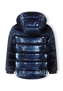Girls padded jacket in navy with metallic shine, back view, featuring a hood and ribbed cuffs.