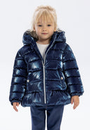 Girls padded jacket in navy with metallic shine, front view, featuring a hood and full-length zipper.