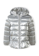 Girls padded jacket in metallic silver, front view with hood and zipper.