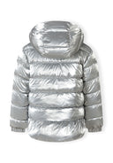 Back view of a girls padded jacket in metallic silver with a hood and ribbed cuffs.