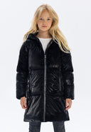 Girls midi length padded jacket in shiny black, front view with zip and pockets.