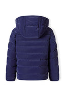 Back view of a girls' navy padded jacket with a hood and ribbed hem.