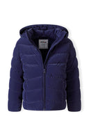 Girls padded jacket in navy, front view with full zip and ribbed cuffs.