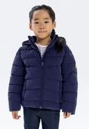 Girls padded navy jacket with full zip and ribbed cuffs, front view.