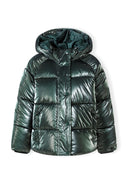 Girls green padded jacket with front snap fastening and hood, featuring quilted design.