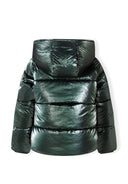 Girls padded jacket back view with hood and stitched detailing.
