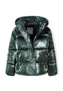 Girls green padded jacket with front snap fastening and zipper, featuring a hood.