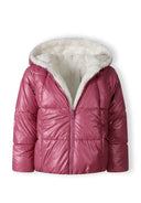 Girls padded reversible jacket in metallic purple, front view with zip closure and plush teddy lining.