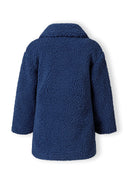 Back view of a girls' blue sherpa boucle jacket with a collar and long sleeves.