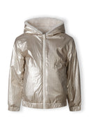 Girls reversible jacket in metallic beige, front view with hood and full-length zipper.