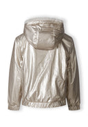Girls reversible jacket in metallic beige with a hood, back view, featuring ribbed cuffs.