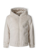 Girls reversible jacket in beige with plush teddy fur, front view, featuring a hood and full-length zipper.