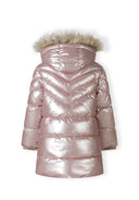 Girls winter coat in shiny pink, back view with detachable faux fur hood.