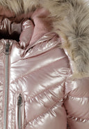 Close-up of a shiny pink girls winter coat with a detachable faux fur hood and front zip.