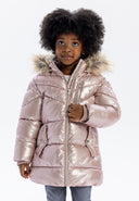 Girls shiny pink winter coat with detachable faux fur hood, front zip, and zippered chest pocket.
